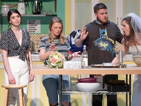 Two weddings, one community hall, what could possibly go wrong? From left, Sydney Beason, Klariss Hul, Dustin Didham and Jennifer Ferguson star in London Community Players' production of Stag and Doe, on stage at the Palace Theatre until May 12.
