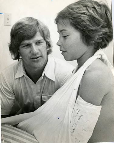 Boston Bruins hockey player Bobby Orr chats with nine year old Philip MacIntyre during a tour of the Children's War Memorial Hospital in London, 1973. (London Free Press files)