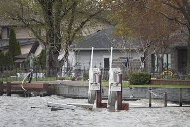WINDSOR, ONT:. MAY 7, 2019 - High water levels in the Detroit River overtake a dock at a home east of Shanfield Shores Park, Tuesday, May 7, 2019.  (DAX MELMER/Windsor Star)