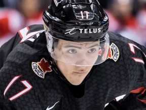 Canada's Nick Suzuki lines up for a faceoff against the Czech Republic during third period IIHF world junior hockey championship action in Vancouver on Dec. 29, 2018.