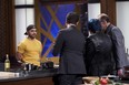 London native Rozin Abbas faces the judges during Monday's MasterChef Canada show in a redemption round testing knife skills. He won the round to return to the series after being eliminated two weeks ago.