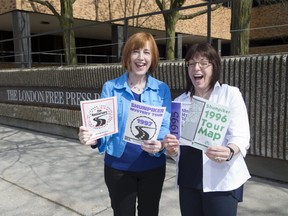 Janice Wallace, left, and Sheila Densham, former organizers of the London Free Press Shunpiker Mystery Tour, are excited for the 50th edition in 2019. They are holding tour maps from years past. (Derek Ruttan/The London Free Press)
