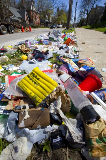 Fleeing Western students left their annual debris on the sides of London streets as the school year runs down in London, Ont.  Photograph taken on Thursday May 2, 2019.  Mike Hensen/The London Free Press/Postmedia Network
