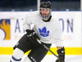 Riley MacRae, a big left winger for the London Nationals is back on the team for game seven of the Sutherland Cup after sitting out a four-game suspension. MacRae was at practice at the Western Fair Sports Centre in London, Ont.  Photograph taken on Tuesday May 7, 2019.  (Mike Hensen/The London Free Press)