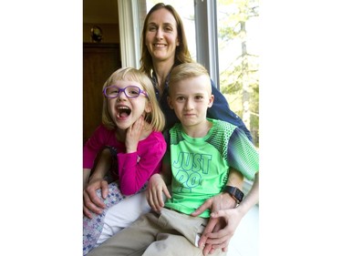 Gillian Kriter, with her two children Emma, 4 and Benjamin, 6 who both suffer from food allergies Photograph taken on Tuesday May 7, 2019. (Mike Hensen/The London Free Press)