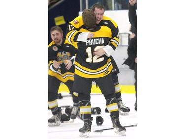 Benton Hayes and Matthew Prucha celebrate the Waterloo Siskins 3-2 overtime victory over the London Nationals in London, Ont. on Wednesday May 8, 2019.  (Derek Ruttan/The London Free Press)