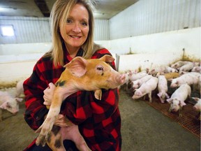 Teresa Van Raay, a farmer in Dashwood, holds up a six-week-old nursery pig. Van Raay is concerned about the case of an animal activist apparently breaking into a farm and taking a piglet, then posting about it on social media. Local prosecutors have dropped break-and-enter and mischief charges, saying there was no reasonable chance of conviction. (Mike Hensen/The London Free Press)