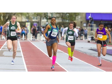 Sabrena Small of Laurier wins the 100m senior girls sprint during the first day of the TVRA track and field meet held on Wednesday at TD Stadium. (Mike Hensen/The London Free Press)