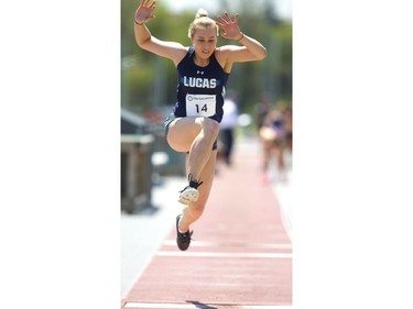 Chloe Knox of Lucas won the gold in the senior girls triple jump with a jump of 11.67m leading a sweep by Lucas with Miranda Cox grabbing silver and Holly Knox winning bronze at the TVRA track and field meet held on Wednesday at TD Stadium. (Mike Hensen/The London Free Press)