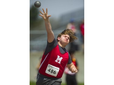 Ryan Kane of Medway throws in the senior boys shotput at the TVRA track and field meet held on Wednesday at TD Stadium. (Mike Hensen/The London Free Press)