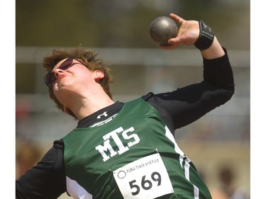 Sam Morrow of MTS knew his throw was a good one, but he didn't know how good as he threw for 15.45, a personal best, "by a meter," said Morrow in the senior boys shotput at the TVRA track and field meet held on Wednesday at TD Stadium. (Mike Hensen/The London Free Press)