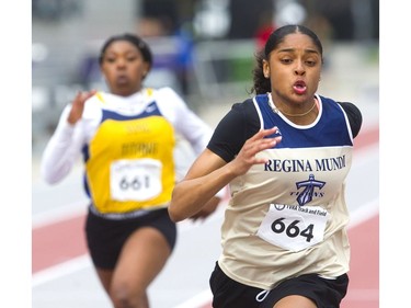 Lemyah Hilton of RMC wins the midget girls 100m dash during the first day of the TVRA track and field meet held on Wednesday at TD Stadium. (Mike Hensen/The London Free Press)