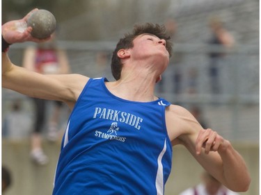 Arthur Stanat of Parkside Collegiate led after two throws in the senior boys shotput at the TVRA track and field meet held on Wednesday at TD Stadium. (Mike Hensen/The London Free Press)