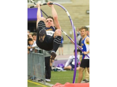 Owen McDonald of Strathroy Saints wins the senior boys pole vault with a jump of 3.95m at the TVRA track and field meet held on Wednesday at TD Stadium. (Mike Hensen/The London Free Press)