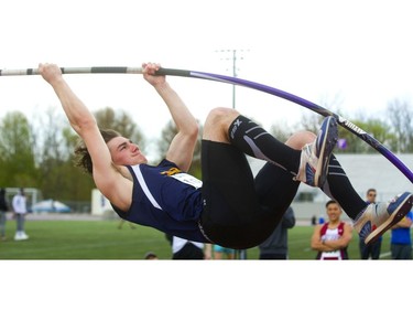 Owen McDonald of Strathroy Saints wins the senior boys polevault with a jump of 3.95m  at the TVRA track and field meet held on Wednesday at TD Stadium. (Mike Hensen/The London Free Press)