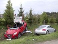 A two-vehicle collision on Longwoods Road east of Murray Road in London sent both drivers to hospital on Thursday. Police responded at 3:15 p.m. and closed the westbound lane of Longwoods for several hours. (Derek Ruttan/The London Free Press)