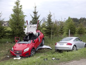 A two-vehicle collision on Longwoods Road east of Murray Road sent three people to hospital in London, Ont. on Thursday May 16, 2019. Police responded at 3:15 p.m. and closed the westbound lane of Longwoods Road for several hours. Derek Ruttan/The London Free Press/Postmedia Network