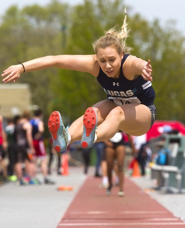 Chloe Knox, 19 of Lucas flies through the air as she competes with and against her younger sister Holly, 16 in senior girls longjump on the second day of the TVRA track and field meet at TD Stadium on Thursday May 16, 2019, Chloe won easily with a leap of 5.53m more than half a meter longer than Abbey Konopka of South who placed second.
Mike Hensen/The London Free Press/Postmedia Network