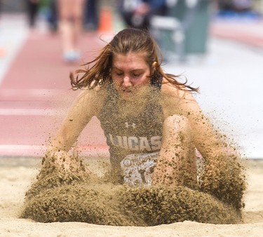 Holly Knox, 16 of Lucas competes with and against her older sister Chloe, 19 in senior girls longjump on the second day of the TVRA track and field meet at TD Stadium on Thursday May 16, 2019, she placed fourth and will move on to WOSSAA next week. 
Mike Hensen/The London Free Press/Postmedia Network