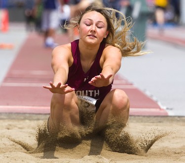 Abbey Konopka, of South placed second behind Lucas' Chloe Knox, 19  as she competes in senior girls longjump on the second day of the TVRA track and field meet at TD Stadium on Thursday May 16, 2019. 
Mike Hensen/The London Free Press/Postmedia Network