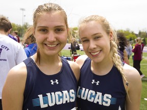 Holly Knox, 16 and her older sister Chloe, 19 both of Lucas are both competitors in triple jump and long jump at TVRA and next week at WOSSAA in London, Ont. 
Photograph taken on Thursday May 16, 2019. 
(Mike Hensen/The London Free Press)