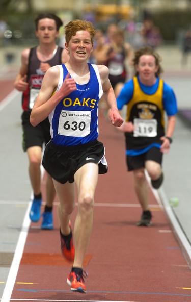 Ian Young, 16 of Oakridge played a patient game in the junior boys 3,000 meters at TVRA track and field on Thursday May 16, 2019. 
Young waited 7 laps behind Conner Erb, 16 of Lord Dorchester and then on the back stretch passed and never looked back for the win at TD stadium.
Mike Hensen/The London Free Press/Postmedia Network