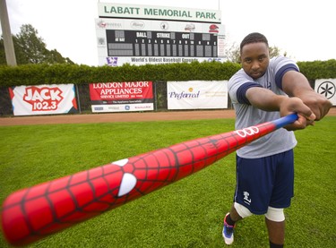 Cleveland Brownlee of the Majors is swinging a superhero bat, hopefully his spidey-senses will see a nice fast ball down the middle during their Super Heroes Day Sunday to support the Children's Hospital in London, Ont.  (Mike Hensen/The London Free Press)