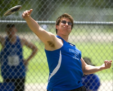 Brady Fodor of Parkside Collegiate competes in the senior boys' discus Thursday, May 23, 2019 during Day 1 of the WOSSAA track and field meet at TD stadium in London.  Fodor finished eighth. Mike Hensen/The London Free Press