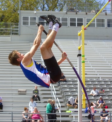 Chris Caruso, of Oakridge secondary school, ended up second in senior boys' pole vault clearing 3.6m Thursday, May 23, 2019 during Day 1 of the WOSSAA track and field meet at TD stadium in London.  Mike Hensen/The London Free Press