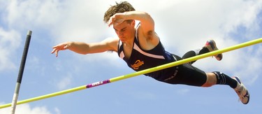 Owen McDonald, of Strathroy District secondary school, cleared 3.9m for gold in the senior boys' pole vault Thursday, May 23, 2019 during Day 1 of the WOSSAA track and field meet at TD stadium in London.  Mike Hensen/The London Free Press