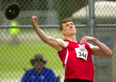 Tyler Donley of Medway competes in the senior boys' discus Thursday, May 23, 2019 during Day 1 of the WOSSAA track and field meet at TD stadium in London. Donley finished fifth.  Mike Hensen/The London Free Press
