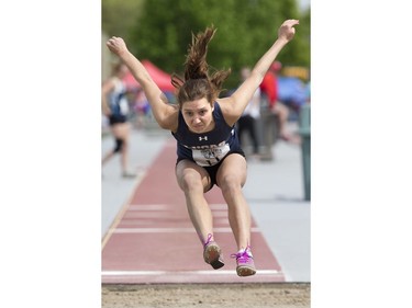 Holly Knox of A.B. Lucas secondary school competes in the senior girls long jump during the WOSSAA track and field championship at TD Stadium in London, Ont. on Friday. (Derek Ruttan/The London Free Press)