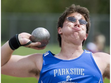 Brady Fodor of Parkside collegiate institute in St. Thomas competes in the senior boys shot put during the WOSSAA track and field championship at TD Stadium in London on Friday. Fodor finished fourth with a best of 13.12 metres. (Derek Ruttan/The London Free Press)