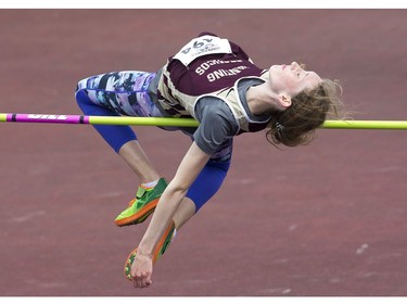 Emily Gilhuly of Sir Frederick Banting secondary school took the bronze in the junior girls high jump by clearing 1.48 metres during the WOSSAA track and field championship at TD Stadium in London on Friday. (Derek Ruttan/The London Free Press)