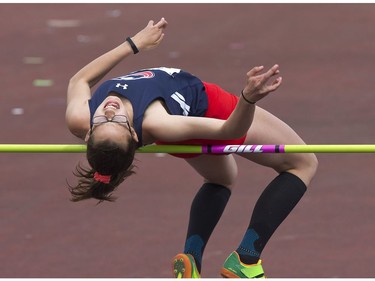 Emma Bernier of St. Anne's Catholic secondary school took the gold medal in the junior girls high jump with a personal best of 1.57 metres during the WOSSAA track and field championship at TD Stadium in London on Friday. (Derek Ruttan/The London Free Press)