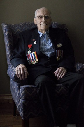 Philip Cockburn, 97, was a gunner in a Sherman tank that landed in France on D-Day. Photo shot in London, Ont. on Monday May 27, 2019. (Derek Ruttan/The London Free Press)