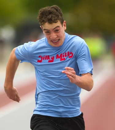 Matthew Pendergast, 14, places second in his 50m sprintat the London District Catholic school board elementary track and field meet being held this week at TD Stadium in London on Friday. (Mike Hensen/The London Free Press)