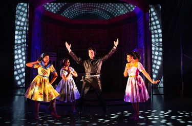 From left: Camille Eanga-Selenge as Chiffon, Starr Domingue as Crystal, Dan Chameroy as Orin, the Dentist, and Vanessa Sears as Ronnette in Little Shop of Horrors.