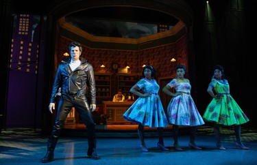 From left: Dan Chameroy as Orin, the Dentist, Starr Domingue as Crystal, Vanessa Sears as Ronnette and Camille Eanga-Selenge as Chiffon in Little Shop of Horrors.
