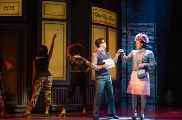 André Morin (left) as Seymour Krelborn and Dan Chameroy as Mrs. Luce in Little Shop of Horrors.