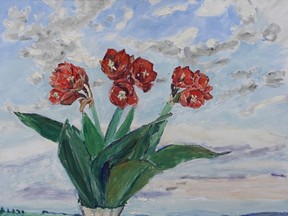 Celebrated Canadian artist Dorothy Knowles' Red Flowers and Landscape is among the works in a new exhibition of her work on at Michael Gibson Gallery.