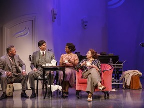 From left: Geraint Wyn Davies as Elyot Chase, Mike Shara as Victor Prynne, Sophia Walker as Sibyl Chase and Lucy Peacock as Amanda Prynne in Private Lives. (David Hou/Stratford Festival)