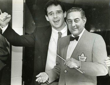 Tyrone Traher, co-founder of the Guy Lombardo Museum and founder of the Big Band Festvial. He is standing beside a cardboard cutout of Guy Lombardo, 1988. (London Free Press files)