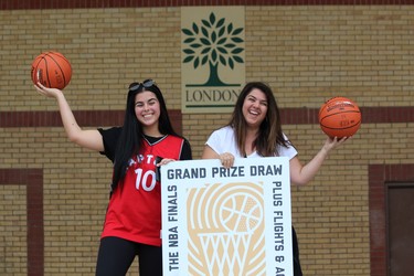 Sarah Farrugia, left, and her mother, Jane, are going to Game 5 of the NBA finals in Toronto on Monday after the elder Farrugia selected the winning basketball in a give-away sponsored by Google and NBA at Victoria Park in London on Sunday, June 9, 2019. (DALE CARRUTHERS, The London Free Press)