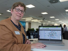 Deb Mountenay, executive director of the Elgin Middlesex Oxford workforce planning and development board, shows off a new virtual job map to help link job seekers with open jobs in London and region. (MEGAN STACEY/The London Free Press)