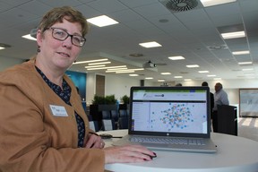 Deb Mountenay, executive director of the Elgin Middlesex Oxford workforce planning and development board, shows off a new virtual job map to help link job seekers with open jobs in London and region. (MEGAN STACEY/The London Free Press)