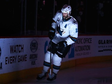 Joe Thornton #19 of the San Jose Sharks skates on the ice before the start of the NHL game against the Arizona Coyotes at Gila River Arena on January 16, 2019 in Glendale, Arizona.