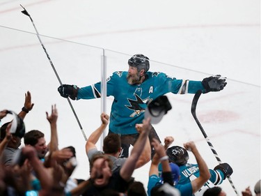 Joe Thornton #19 of the San Jose Sharks celebrates after a win in overtime against the Vegas Golden Knights in Game Seven of the Western Conference First Round during the 2019 NHL Stanley Cup Playoffs at SAP Center on April 23, 2019 in San Jose, California.