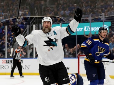 Joe Thornton #19 of the San Jose Sharks celebrates after scoring a goal on Jordan Binnington #50 of the St. Louis Blues during the first period in Game Three of the Western Conference Finals during the 2019 NHL Stanley Cup Playoffs at Enterprise Center on May 15, 2019 in St Louis, Missouri.