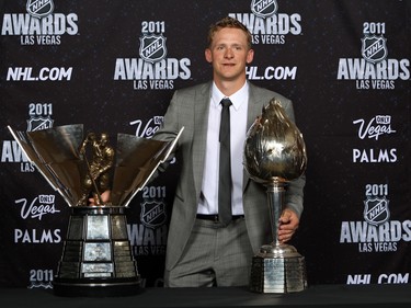 Corey Perry of the Anaheim Ducks poses after winning the Maurice â€˜Rocketâ€™ Richard Trophy and the Hart Memorial Trophy during the 2011 NHL Awards at The Pearl concert theater at the Palms Casino Resort June 22, 2011 in Las Vegas, Nevada.  (Photo by Bruce Bennett/Getty Images)